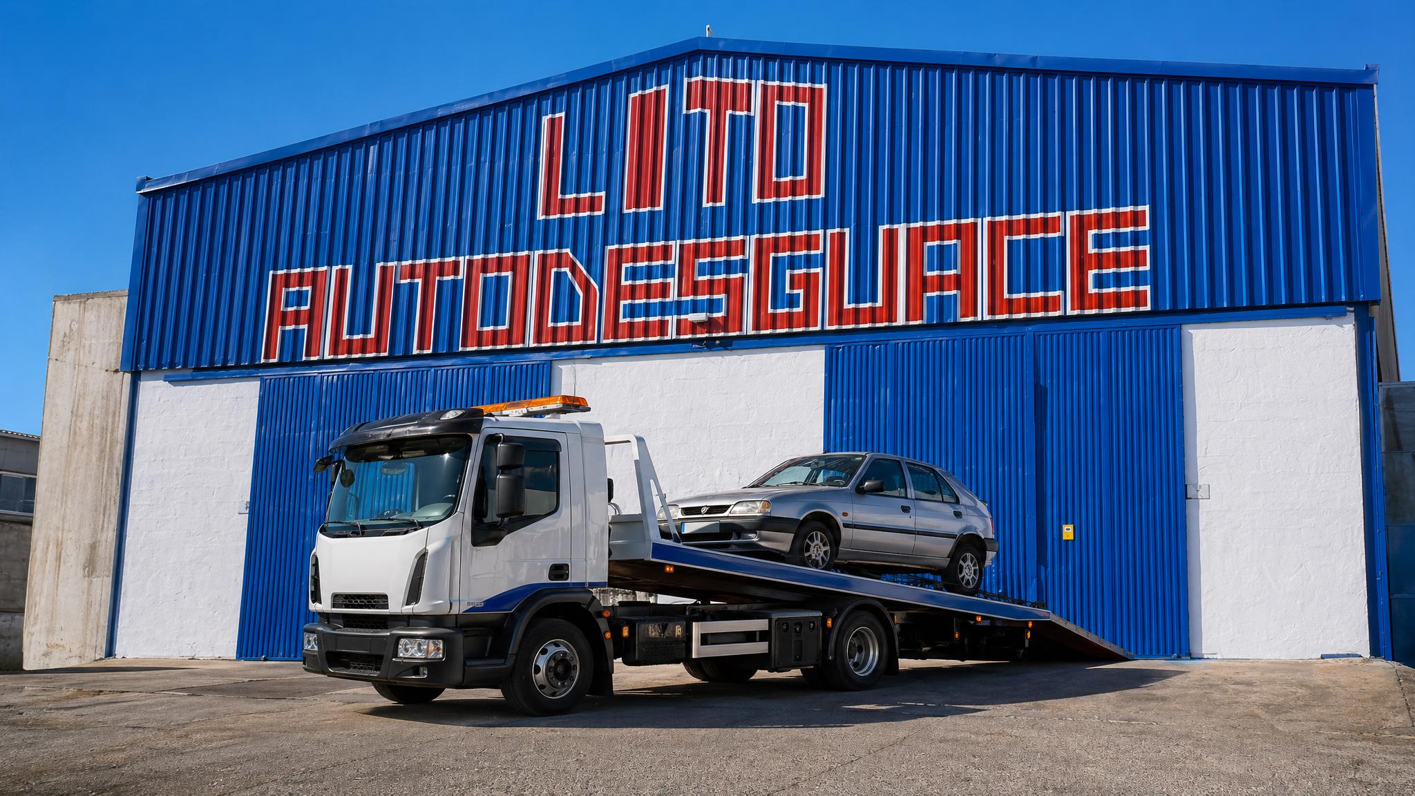 Fachada de Autodesguace Lito con grúa y vehículo para baja